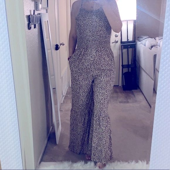 Japna women's Medium Tan Black Cheetah pants jumpsuit‎ wide leg animal print - Picture 8 of 8